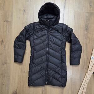 Big Kids Marmot Black Duck Down Insulated Puffer Coat Hood Outdoors Winter EUC M